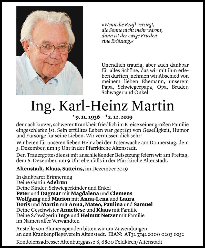  Todesanzeige für Karl-Heinz Martin vom 04.12.2019 aus Vorarlberger Nachrichten