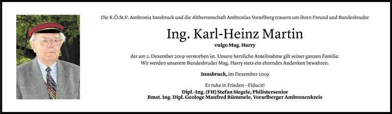  Todesanzeige für Karl-Heinz Martin vom 03.12.2019 aus Vorarlberger Nachrichten