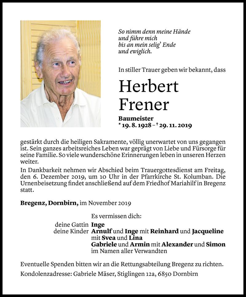  Todesanzeige für Herbert Frener vom 04.12.2019 aus Vorarlberger Nachrichten