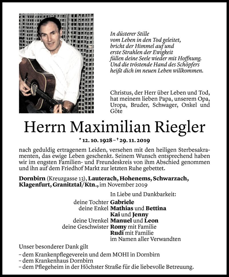  Todesanzeige für Maximilian Riegler vom 07.12.2019 aus Vorarlberger Nachrichten