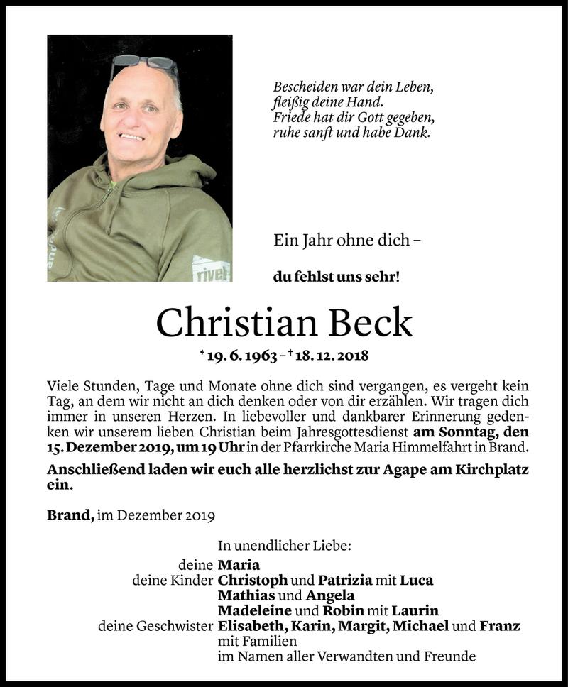  Todesanzeige für Christian Beck vom 11.12.2019 aus Vorarlberger Nachrichten