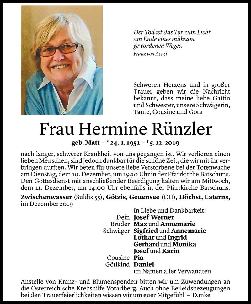  Todesanzeige für Hermine Rünzler vom 07.12.2019 aus Vorarlberger Nachrichten