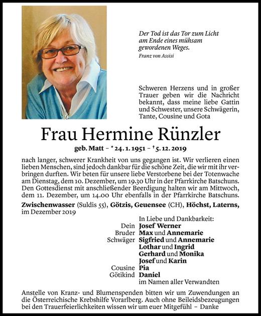 Todesanzeige von Hermine Rünzler von Vorarlberger Nachrichten