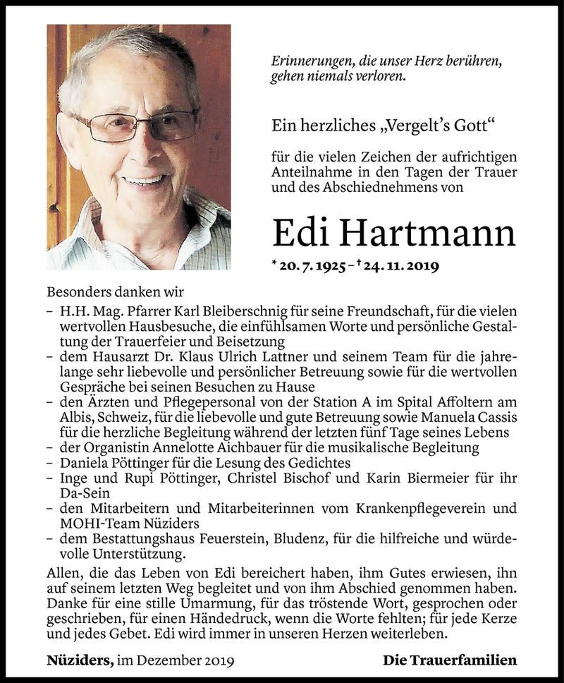  Todesanzeige für Edi Hartmann vom 12.12.2019 aus Vorarlberger Nachrichten