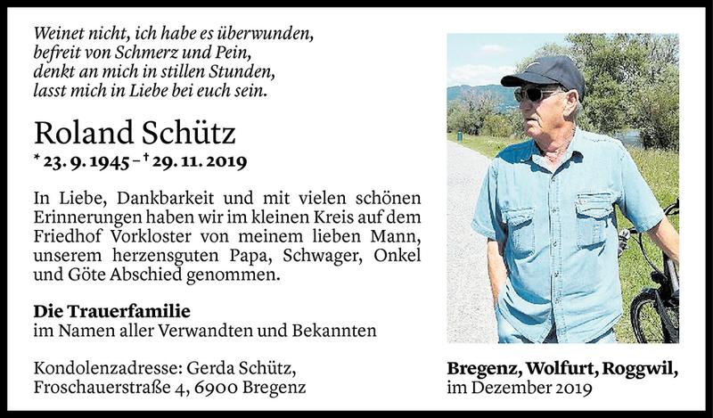  Todesanzeige für Roland Schütz vom 10.12.2019 aus Vorarlberger Nachrichten