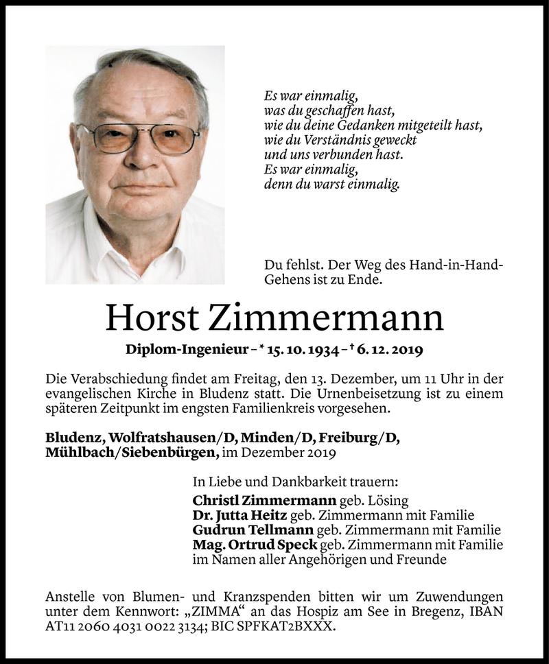  Todesanzeige für Horst Zimmermann vom 11.12.2019 aus Vorarlberger Nachrichten