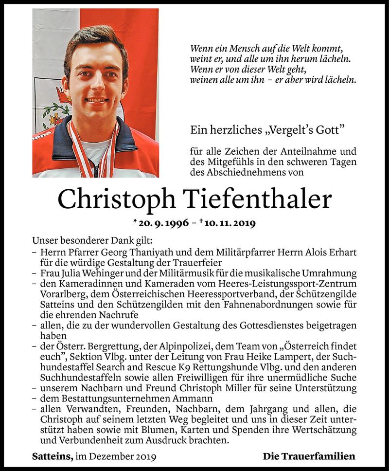  Todesanzeige für Christoph Tiefenthaler vom 13.12.2019 aus Vorarlberger Nachrichten