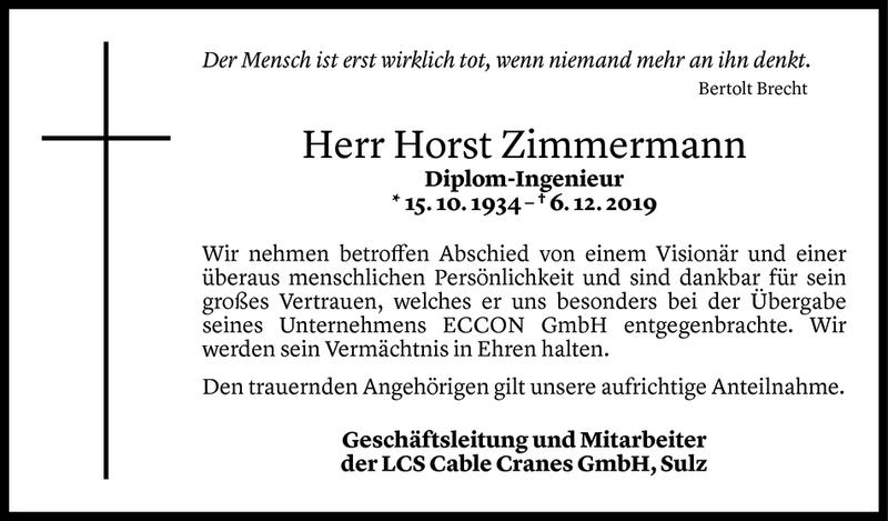  Todesanzeige für Horst Zimmermann vom 10.12.2019 aus Vorarlberger Nachrichten