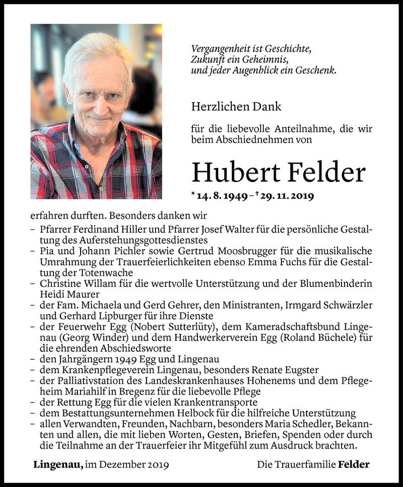  Todesanzeige für Hubert Felder vom 12.12.2019 aus Vorarlberger Nachrichten