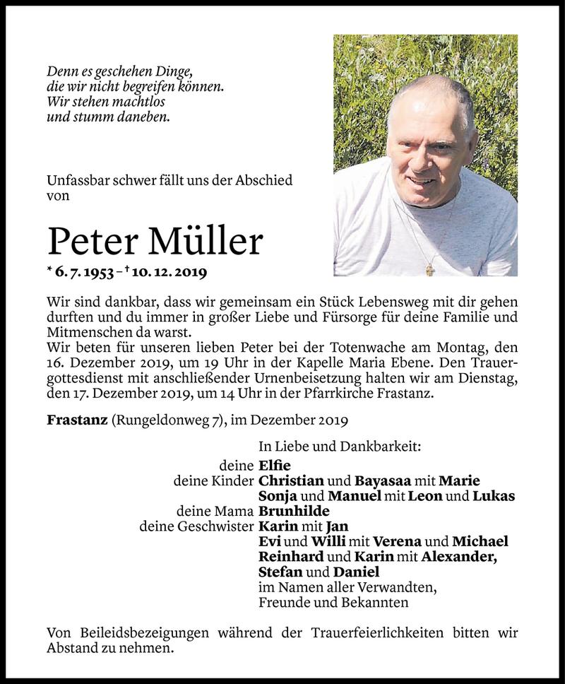  Todesanzeige für Peter Müller vom 13.12.2019 aus Vorarlberger Nachrichten