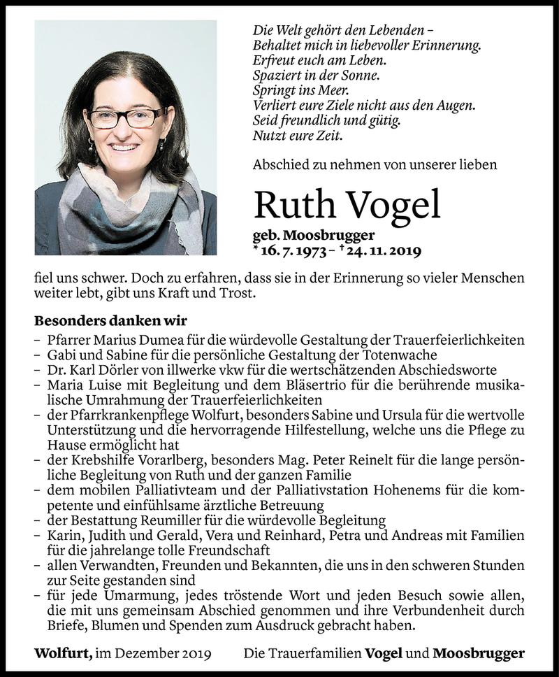 Todesanzeige für Ruth Vogel vom 13.12.2019 aus Vorarlberger Nachrichten