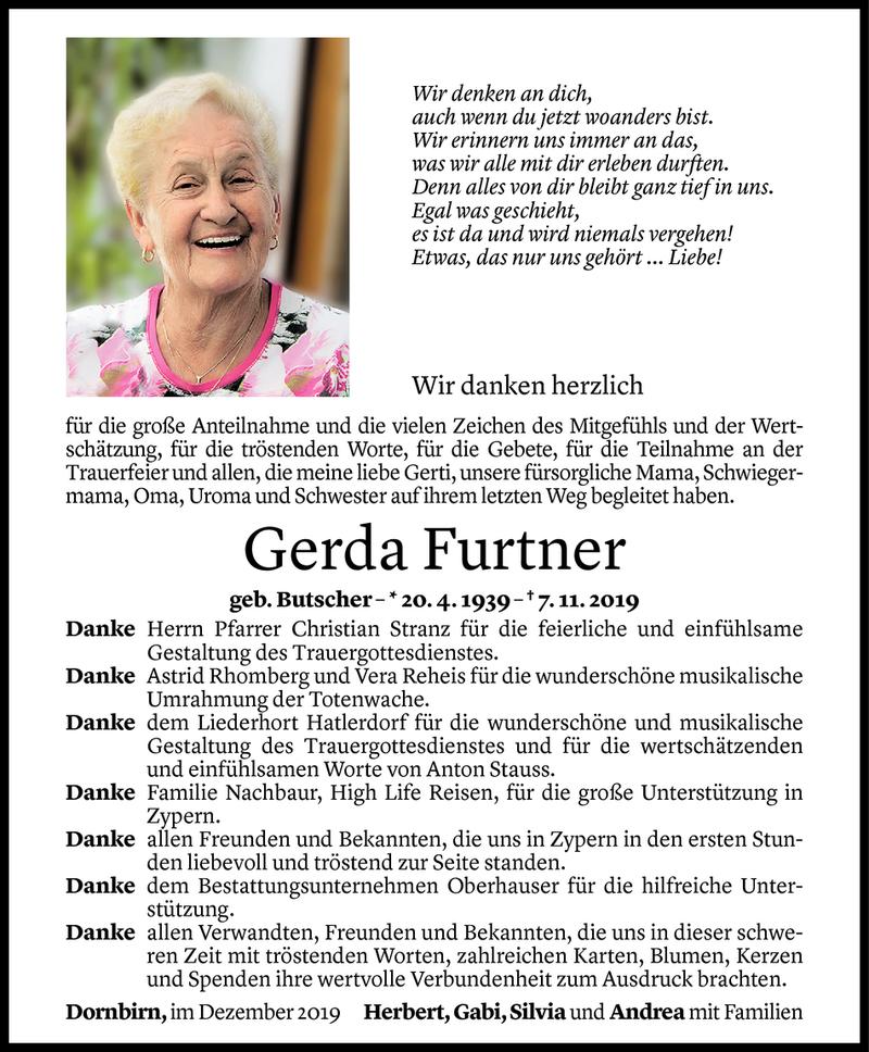  Todesanzeige für Gerda Furtner vom 13.12.2019 aus Vorarlberger Nachrichten