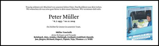 Todesanzeige von Peter Müller von Vorarlberger Nachrichten