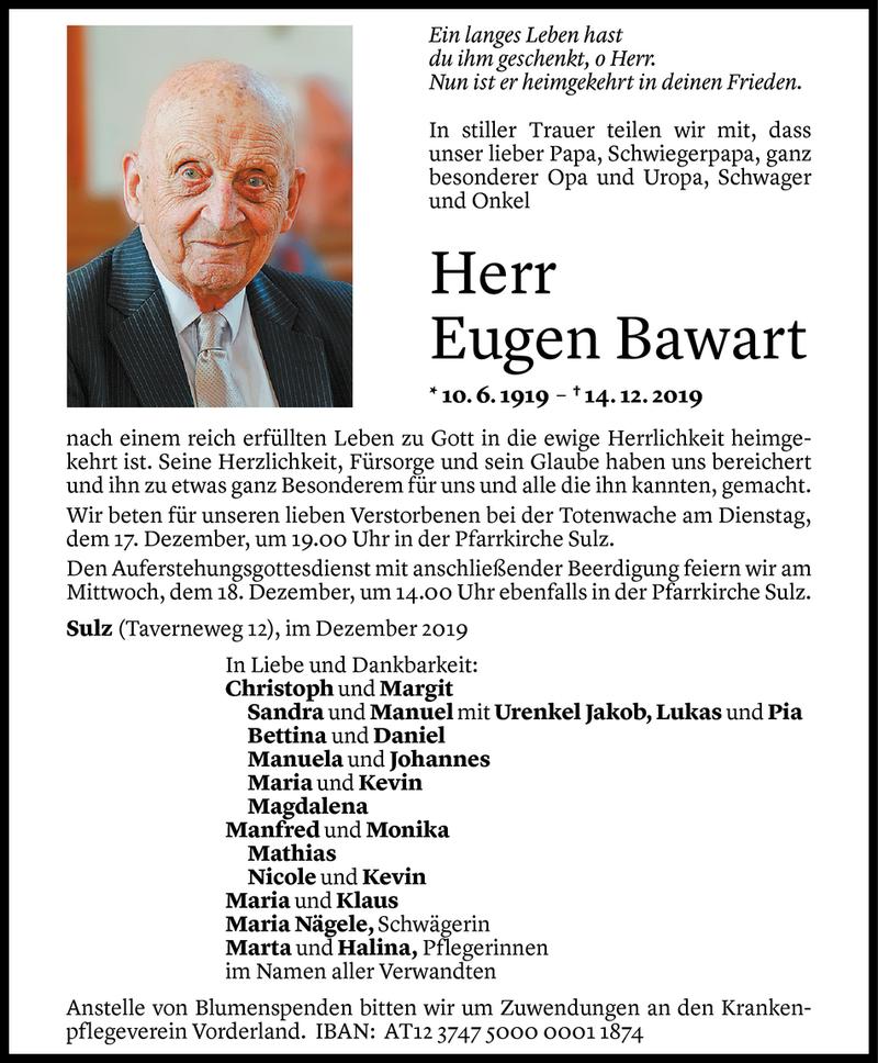  Todesanzeige für Eugen Bawart vom 16.12.2019 aus Vorarlberger Nachrichten