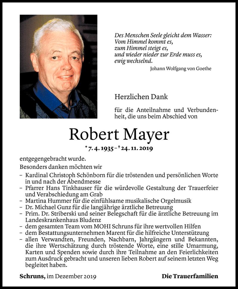  Todesanzeige für Robert Mayer vom 16.12.2019 aus Vorarlberger Nachrichten