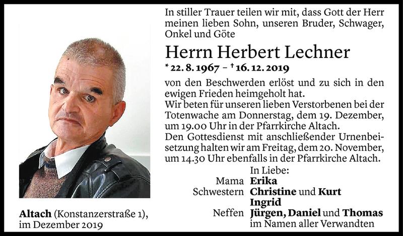  Todesanzeige für Herbert Lechner vom 18.12.2019 aus Vorarlberger Nachrichten