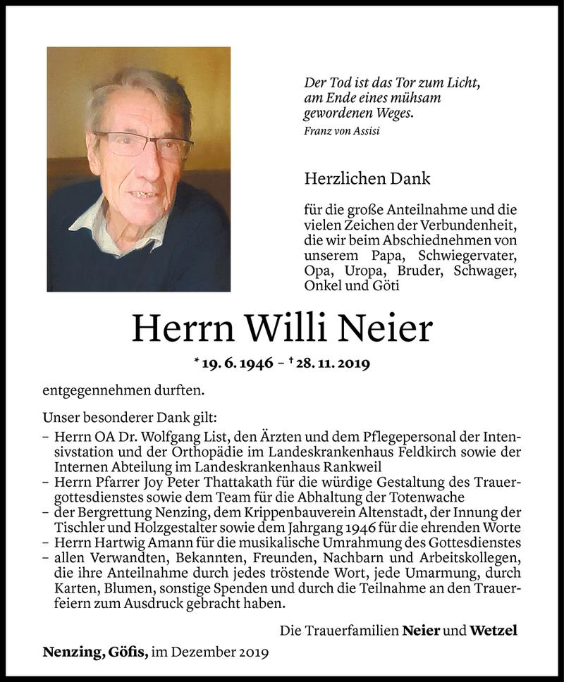  Todesanzeige für Willi Neier vom 20.12.2019 aus Vorarlberger Nachrichten