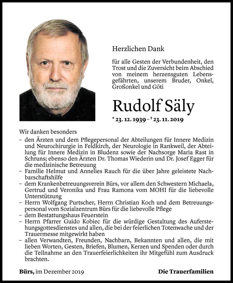  Todesanzeige für Rudolf Säly vom 20.12.2019 aus Vorarlberger Nachrichten