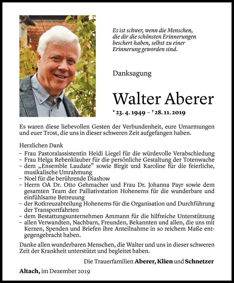  Todesanzeige für Walter Aberer vom 20.12.2019 aus Vorarlberger Nachrichten
