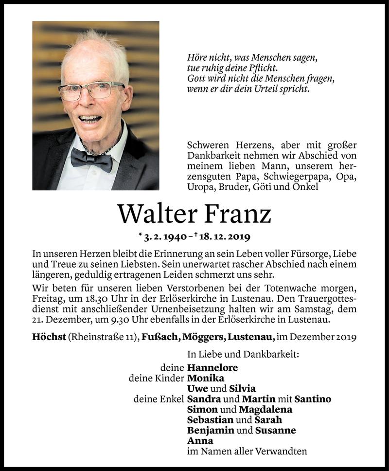 Todesanzeige für Walter Franz vom 18.12.2019 aus Vorarlberger Nachrichten