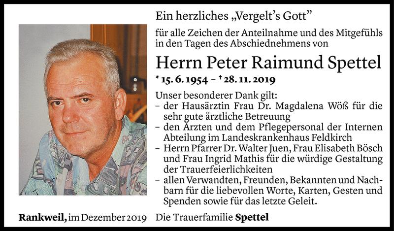  Todesanzeige für Peter Raimund Spettel vom 21.12.2019 aus Vorarlberger Nachrichten