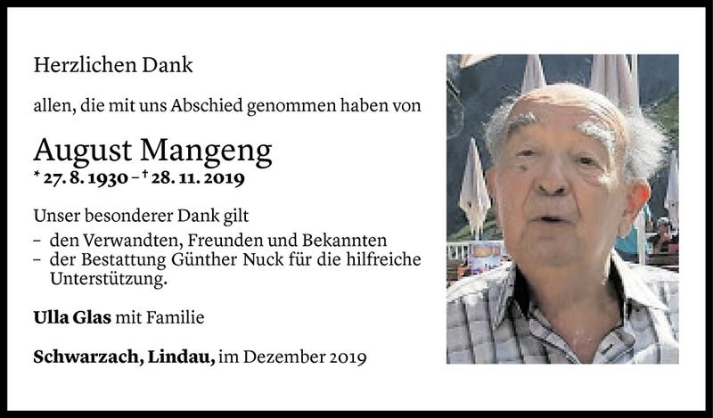  Todesanzeige für August Mangeng vom 19.12.2019 aus Vorarlberger Nachrichten
