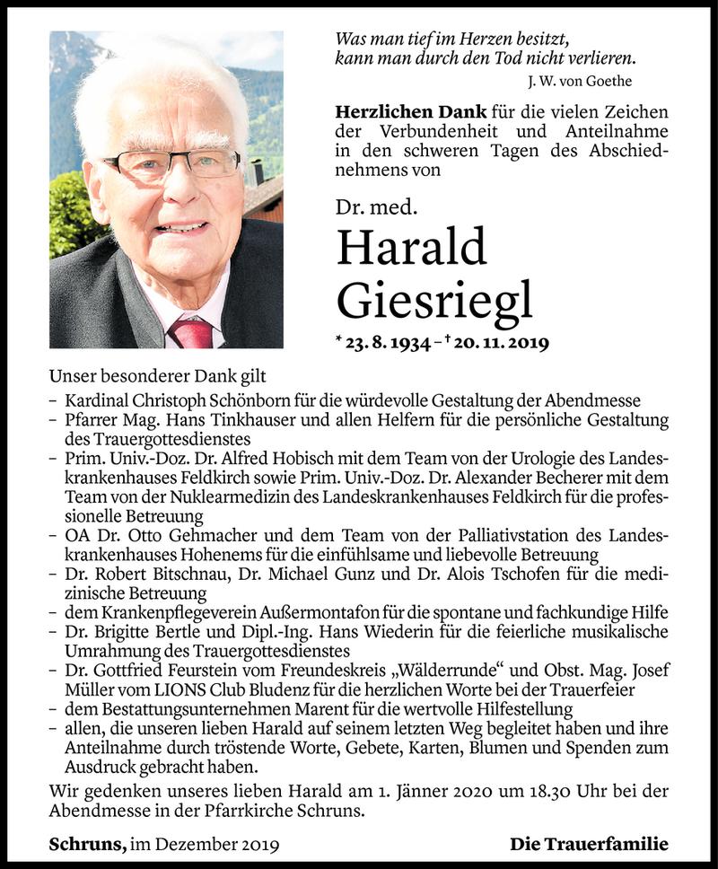  Todesanzeige für Harald Giesriegl vom 19.12.2019 aus Vorarlberger Nachrichten
