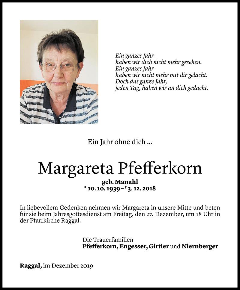  Todesanzeige für Margareta Pfefferkorn vom 20.12.2019 aus Vorarlberger Nachrichten