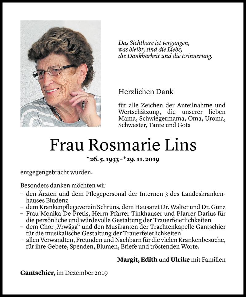  Todesanzeige für Rosmarie Lins vom 22.12.2019 aus Vorarlberger Nachrichten