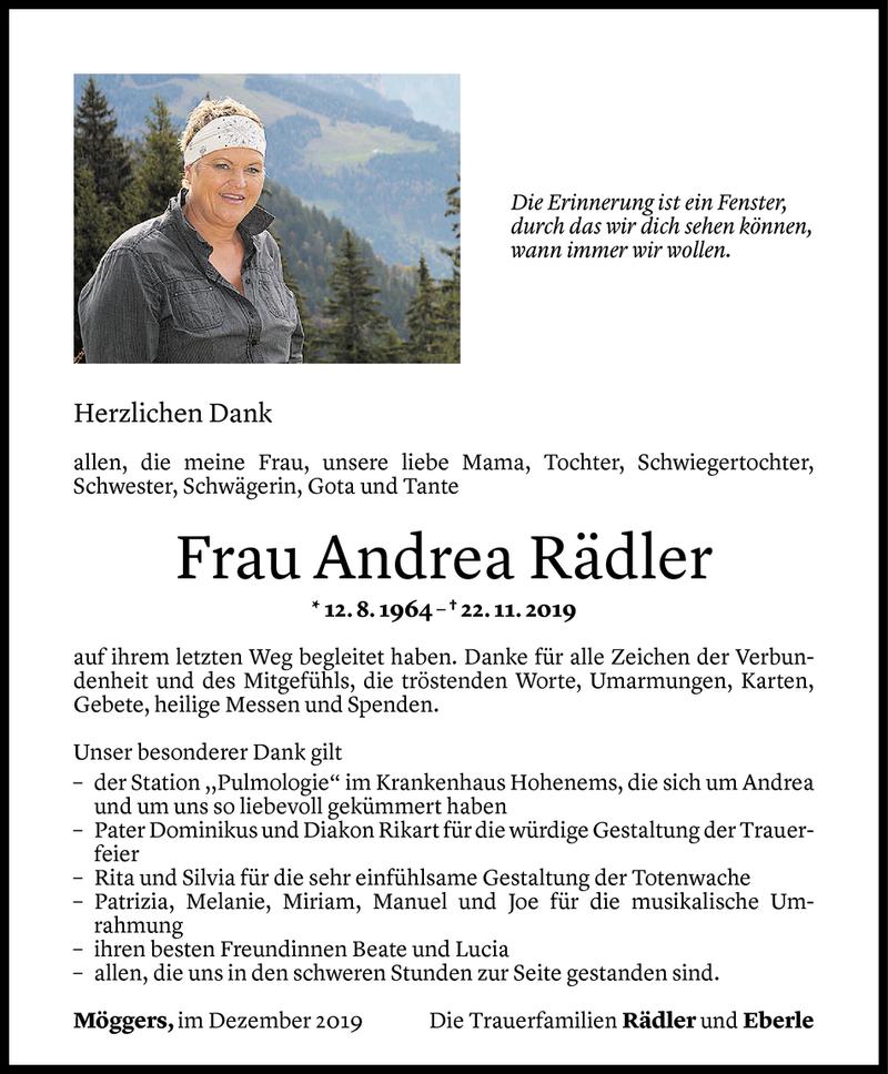  Todesanzeige für Andrea Rädler vom 23.12.2019 aus Vorarlberger Nachrichten