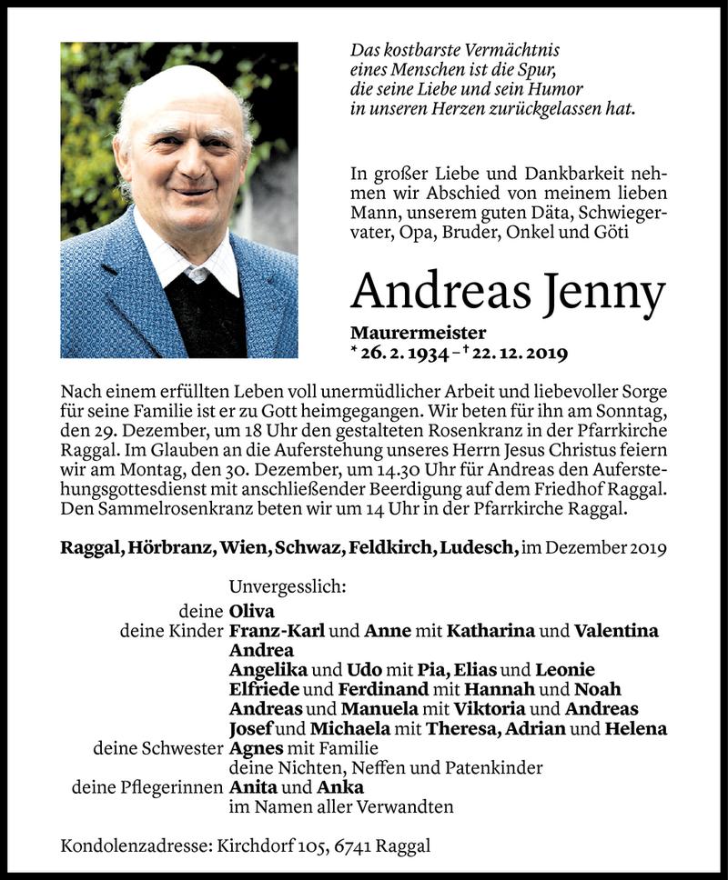  Todesanzeige für Andreas Jenny vom 27.12.2019 aus Vorarlberger Nachrichten