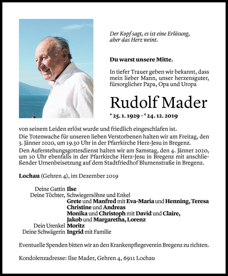  Todesanzeige für Rudolf Mader vom 29.12.2019 aus Vorarlberger Nachrichten