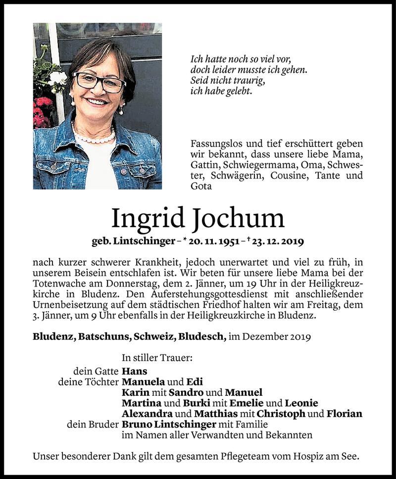  Todesanzeige für Ingrid Jochum vom 30.12.2019 aus Vorarlberger Nachrichten