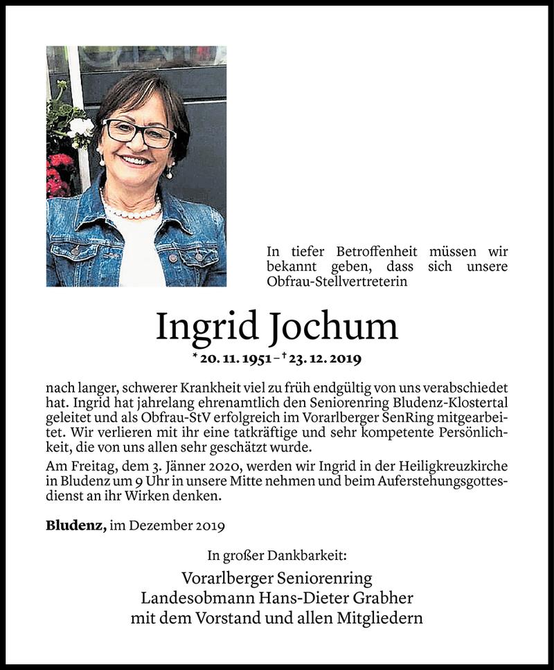  Todesanzeige für Ingrid Jochum vom 30.12.2019 aus Vorarlberger Nachrichten