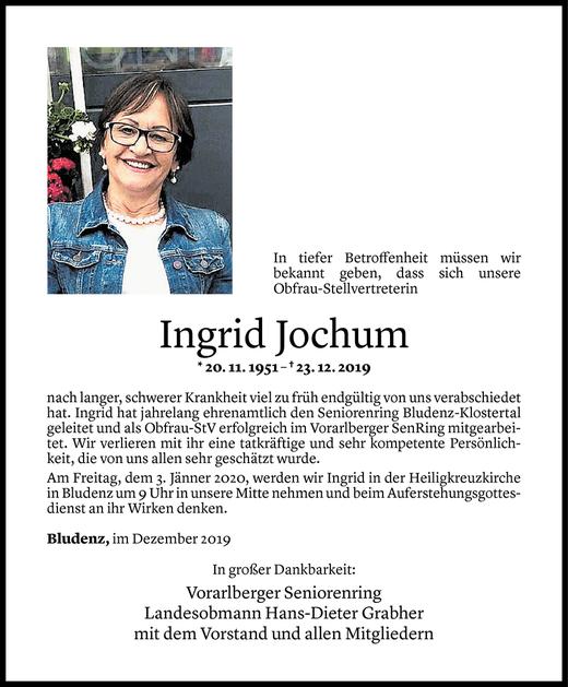 Todesanzeige von Ingrid Jochum von Vorarlberger Nachrichten