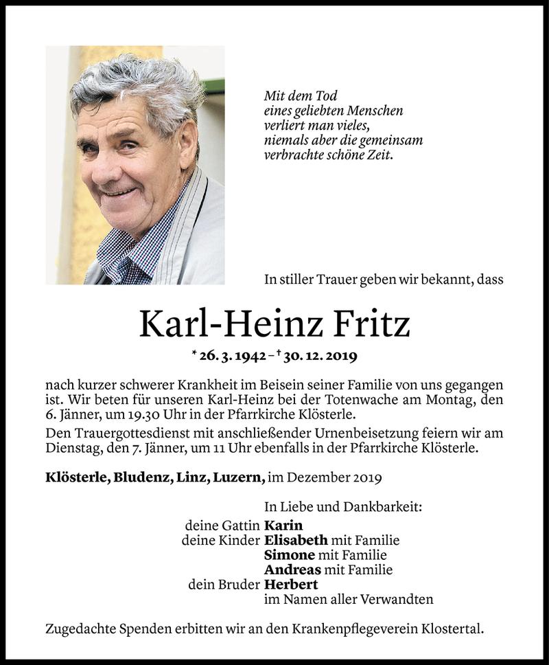  Todesanzeige für Karl-Heinz Fritz vom 04.01.2020 aus Vorarlberger Nachrichten