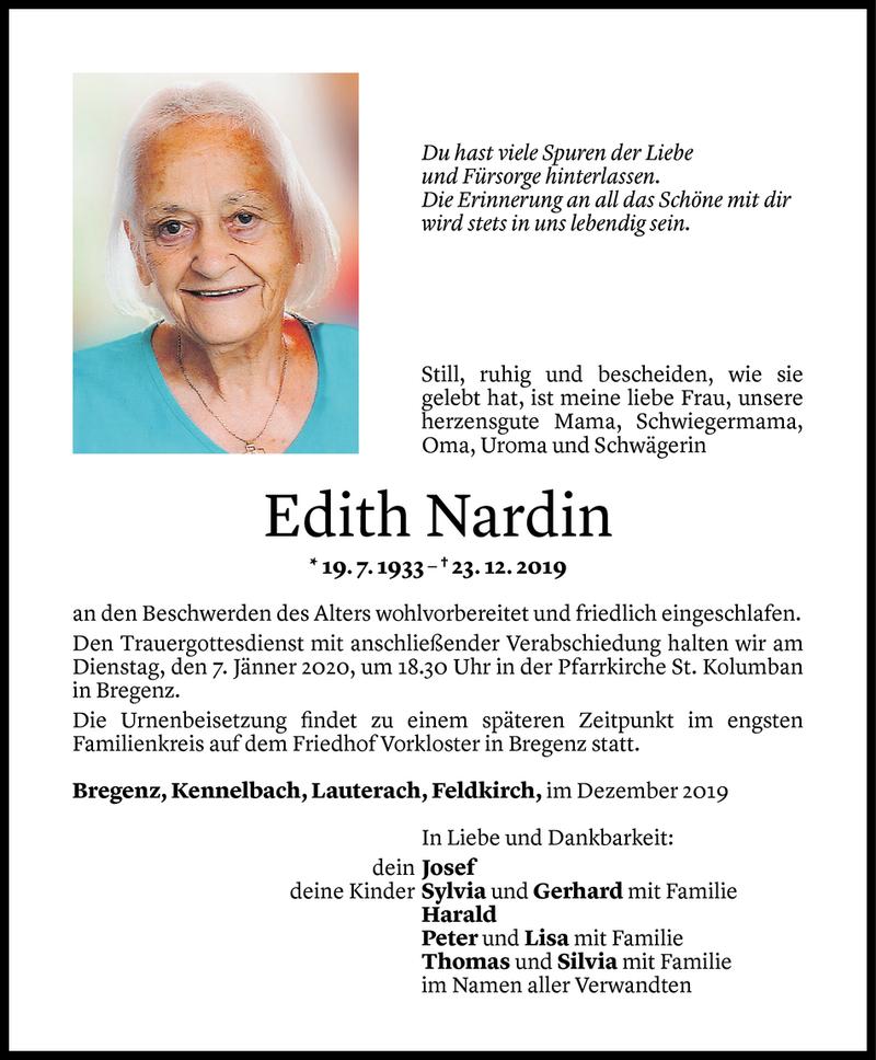  Todesanzeige für Edith Nardin vom 03.01.2020 aus Vorarlberger Nachrichten