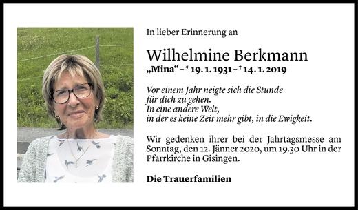 Todesanzeige von Wilhelmine Berkmann von Vorarlberger Nachrichten
