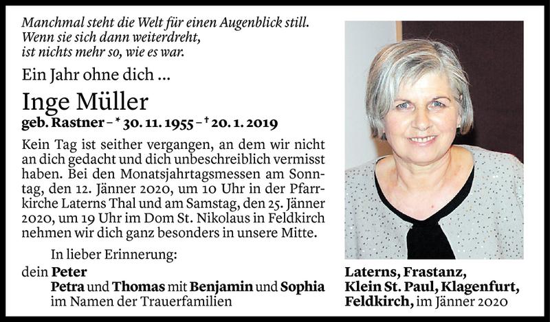  Todesanzeige für Inge Müller vom 09.01.2020 aus Vorarlberger Nachrichten