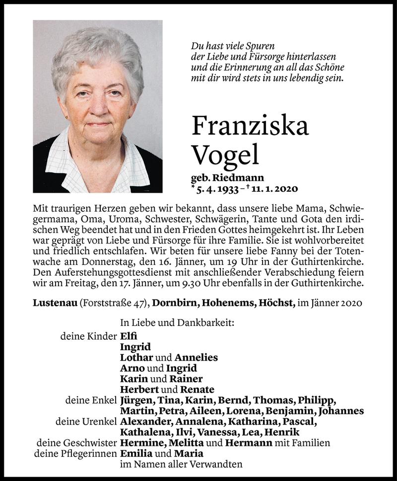  Todesanzeige für Franziska Vogel vom 13.01.2020 aus Vorarlberger Nachrichten