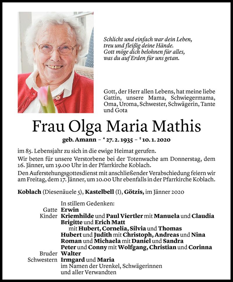  Todesanzeige für Olga Maria Mathis vom 15.01.2020 aus Vorarlberger Nachrichten