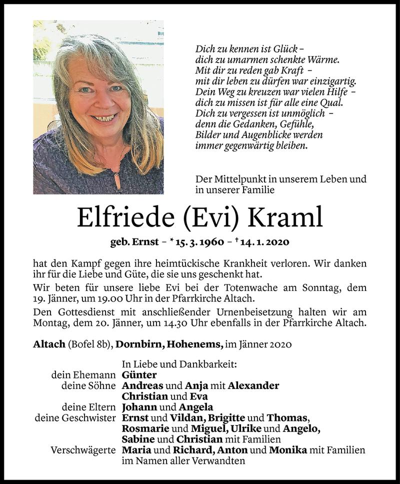  Todesanzeige für Elfriede Kraml vom 17.01.2020 aus Vorarlberger Nachrichten