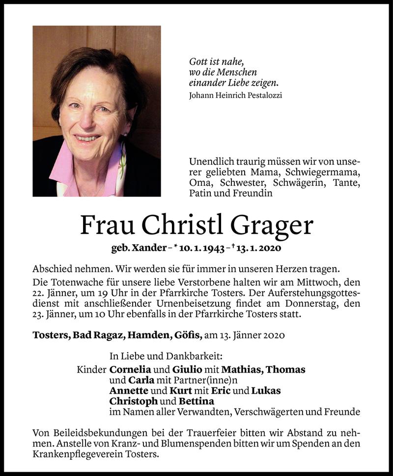  Todesanzeige für Christl Grager vom 17.01.2020 aus Vorarlberger Nachrichten