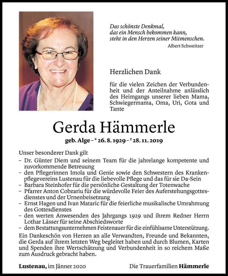  Todesanzeige für Gerda Hämmerle vom 17.01.2020 aus Vorarlberger Nachrichten