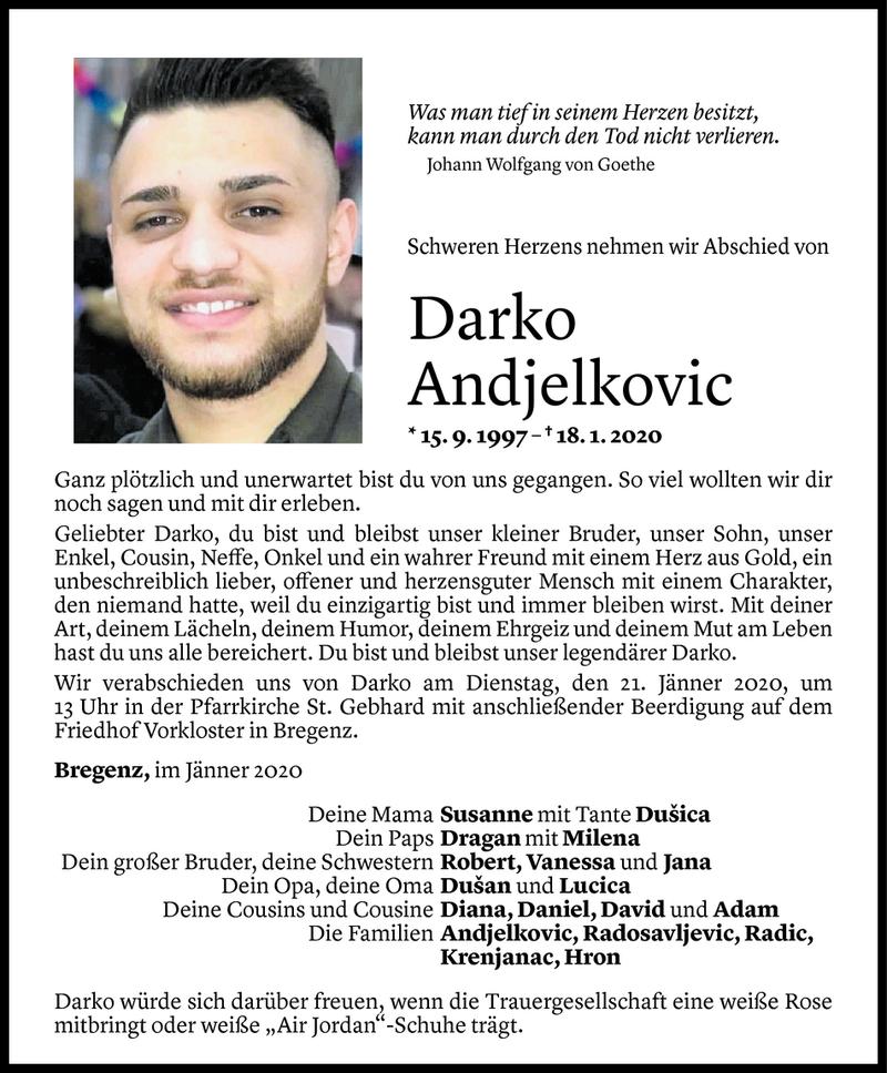  Todesanzeige für Darko Andjelkovic vom 20.01.2020 aus Vorarlberger Nachrichten