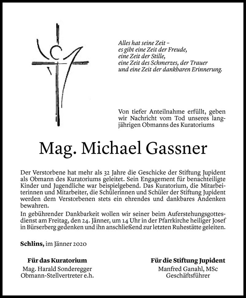  Todesanzeige für Michael Gassner vom 22.01.2020 aus Vorarlberger Nachrichten