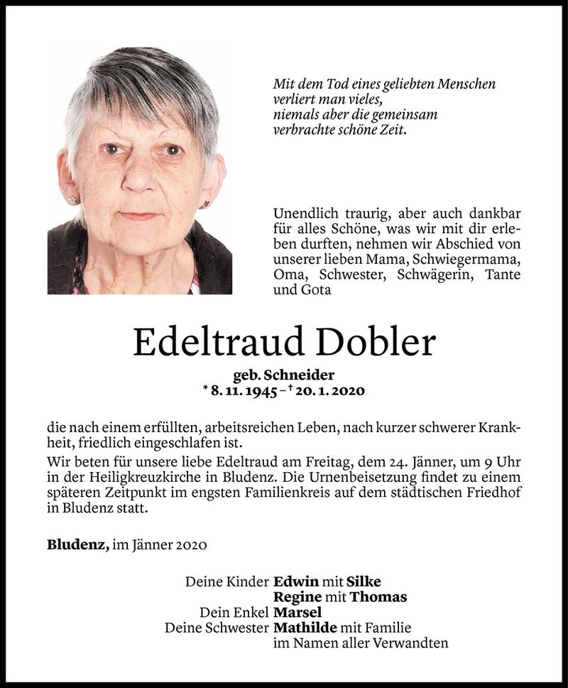  Todesanzeige für Edeltraud Dobler vom 22.01.2020 aus Vorarlberger Nachrichten