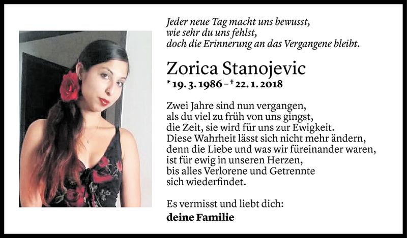  Todesanzeige für Zorica Stanojevic vom 21.01.2020 aus Vorarlberger Nachrichten