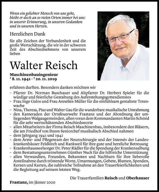 Todesanzeige von Walter Reisch von Vorarlberger Nachrichten