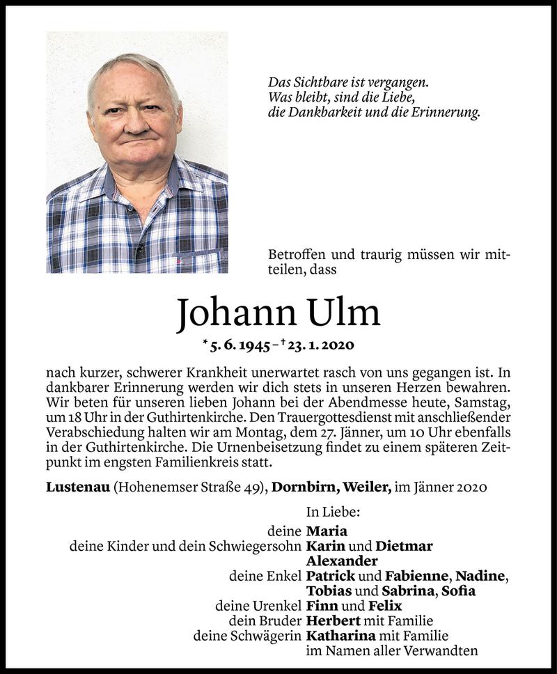  Todesanzeige für Johann Ulm vom 24.01.2020 aus Vorarlberger Nachrichten